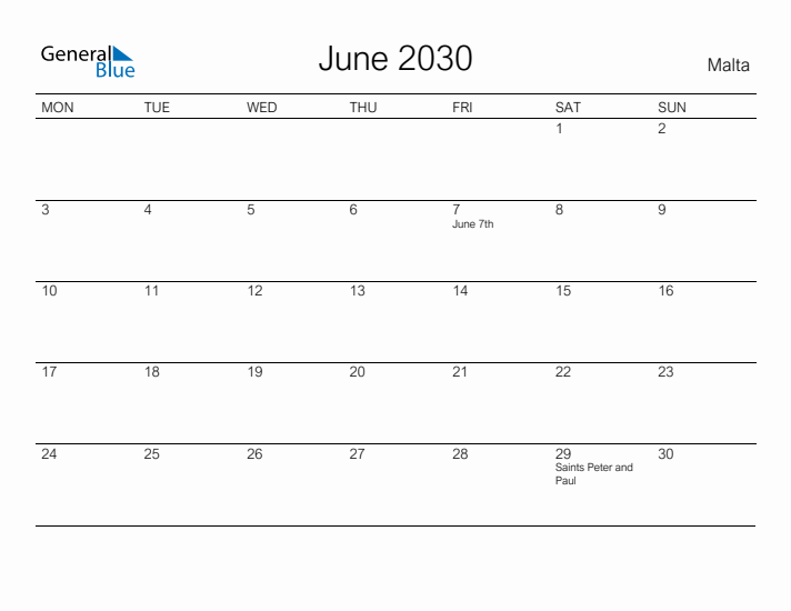 Printable June 2030 Calendar for Malta
