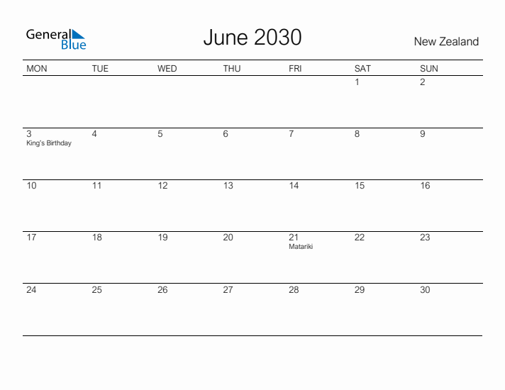 Printable June 2030 Calendar for New Zealand