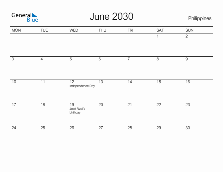 Printable June 2030 Calendar for Philippines