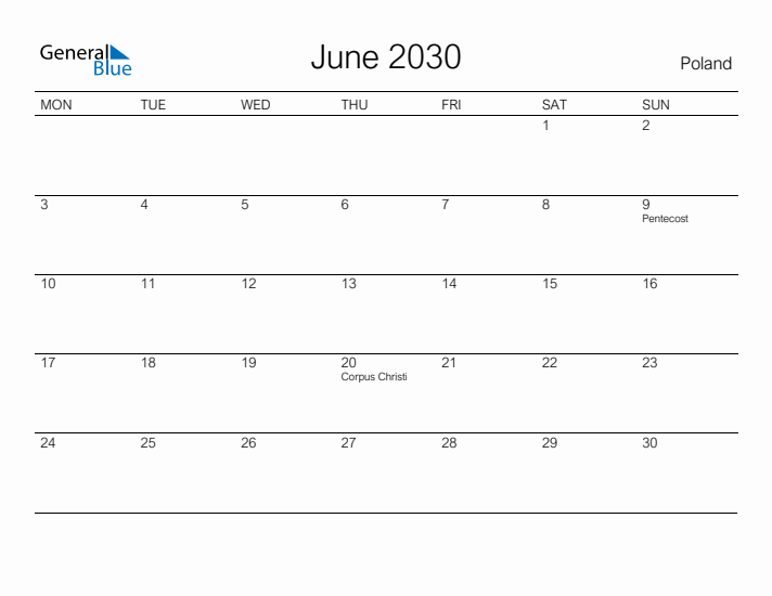 Printable June 2030 Calendar for Poland