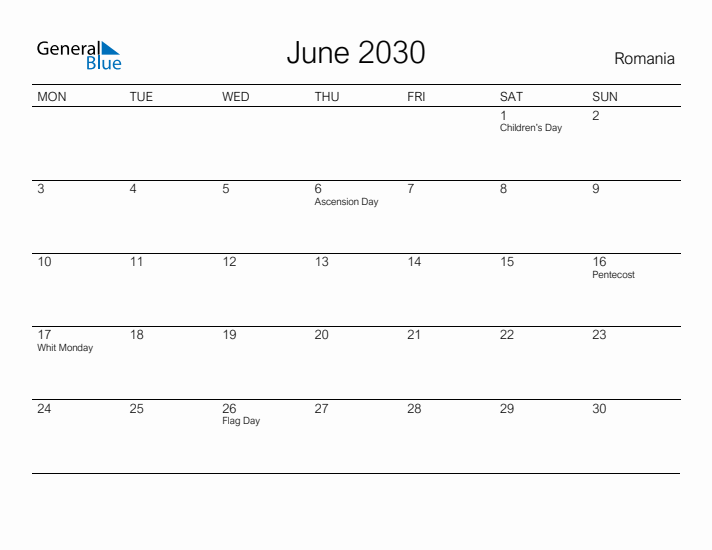 Printable June 2030 Calendar for Romania
