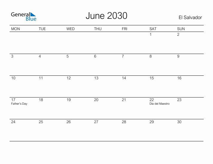 Printable June 2030 Calendar for El Salvador
