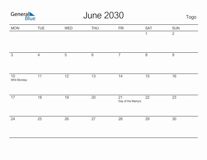 Printable June 2030 Calendar for Togo
