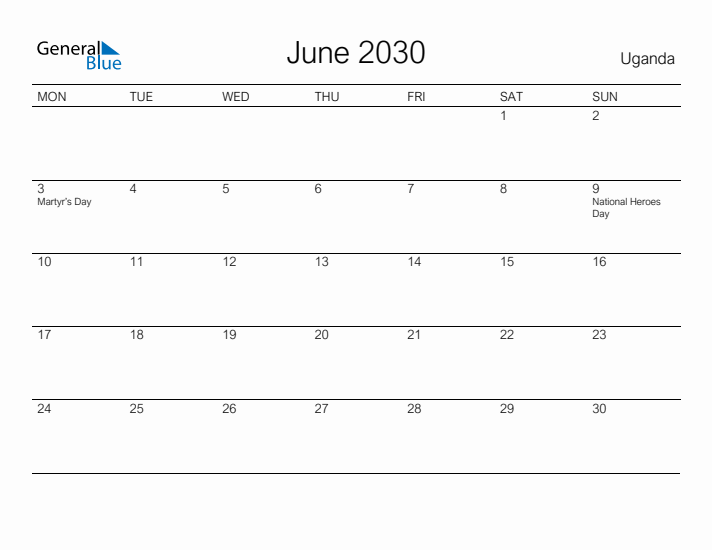 Printable June 2030 Calendar for Uganda