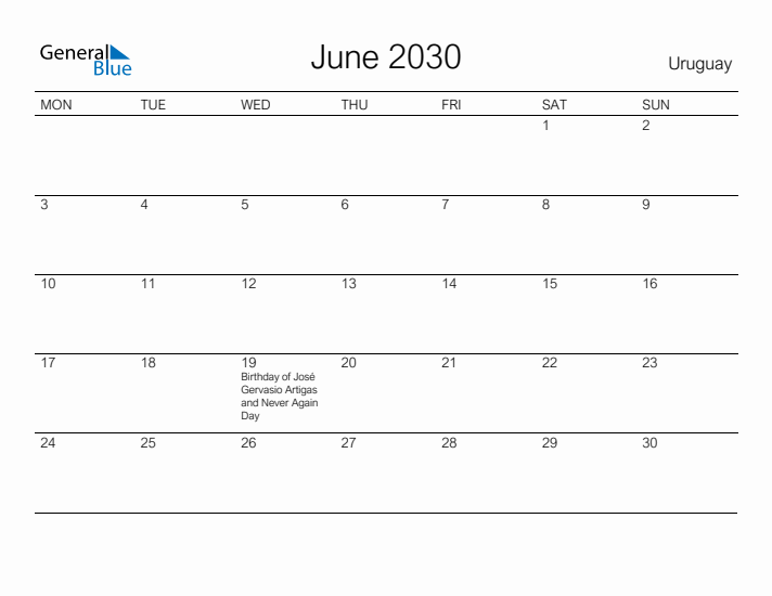 Printable June 2030 Calendar for Uruguay