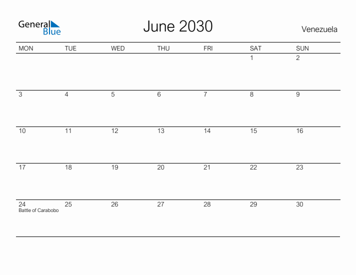 Printable June 2030 Calendar for Venezuela