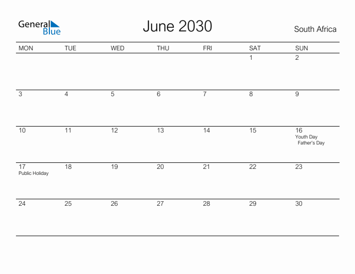 Printable June 2030 Calendar for South Africa