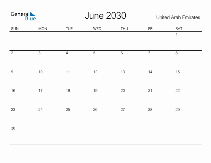 Printable June 2030 Calendar for United Arab Emirates