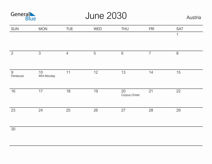 Printable June 2030 Calendar for Austria