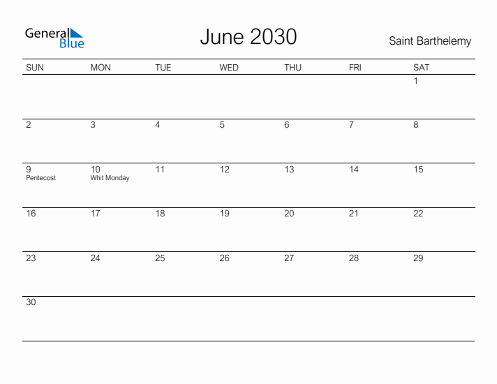 Printable June 2030 Calendar for Saint Barthelemy