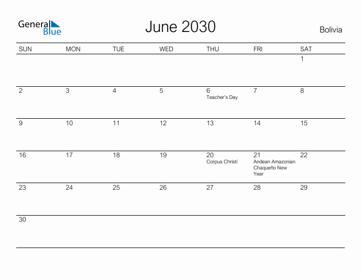 Printable June 2030 Calendar for Bolivia