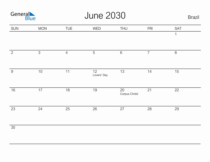 Printable June 2030 Calendar for Brazil