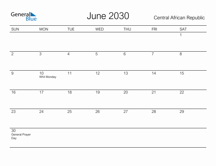 Printable June 2030 Calendar for Central African Republic