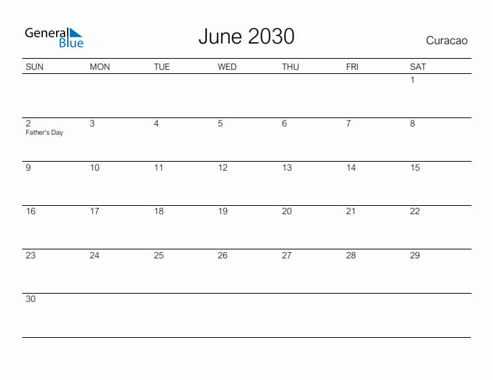 Printable June 2030 Calendar for Curacao