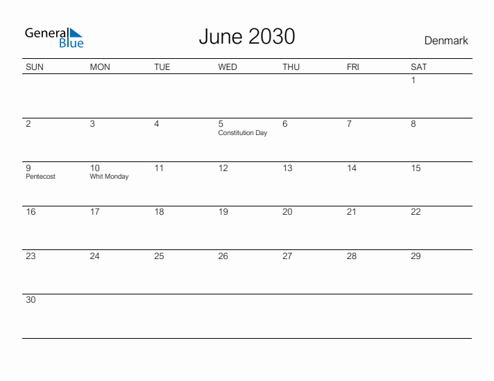 Printable June 2030 Calendar for Denmark