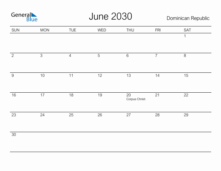 Printable June 2030 Calendar for Dominican Republic