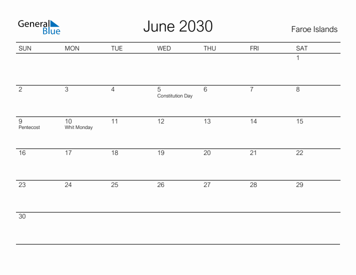 Printable June 2030 Calendar for Faroe Islands