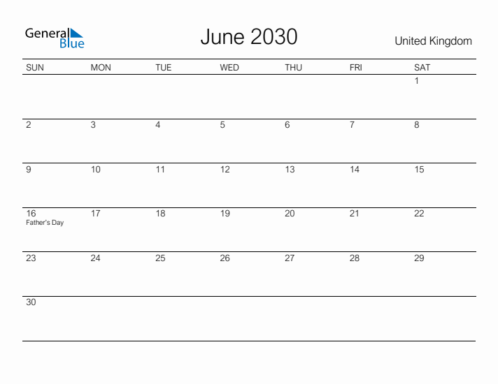 Printable June 2030 Calendar for United Kingdom
