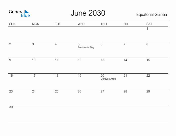 Printable June 2030 Calendar for Equatorial Guinea