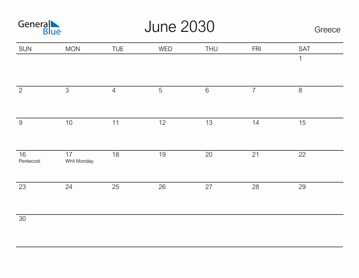 Printable June 2030 Calendar for Greece