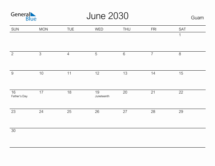Printable June 2030 Calendar for Guam