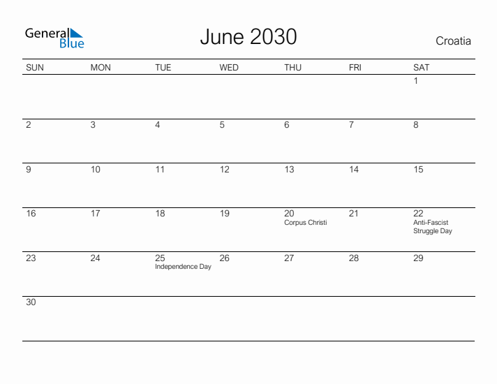 Printable June 2030 Calendar for Croatia