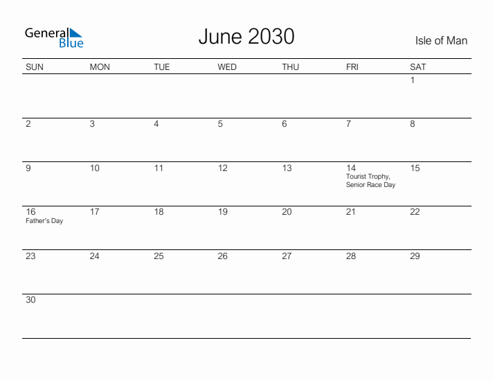 Printable June 2030 Calendar for Isle of Man