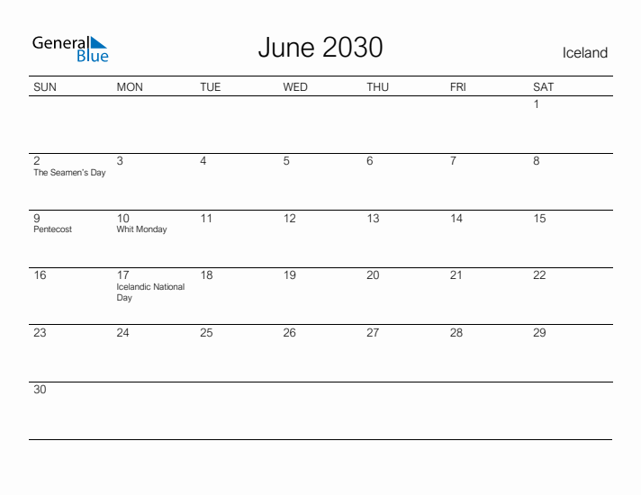 Printable June 2030 Calendar for Iceland