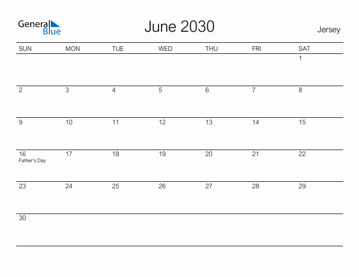 Printable June 2030 Calendar for Jersey