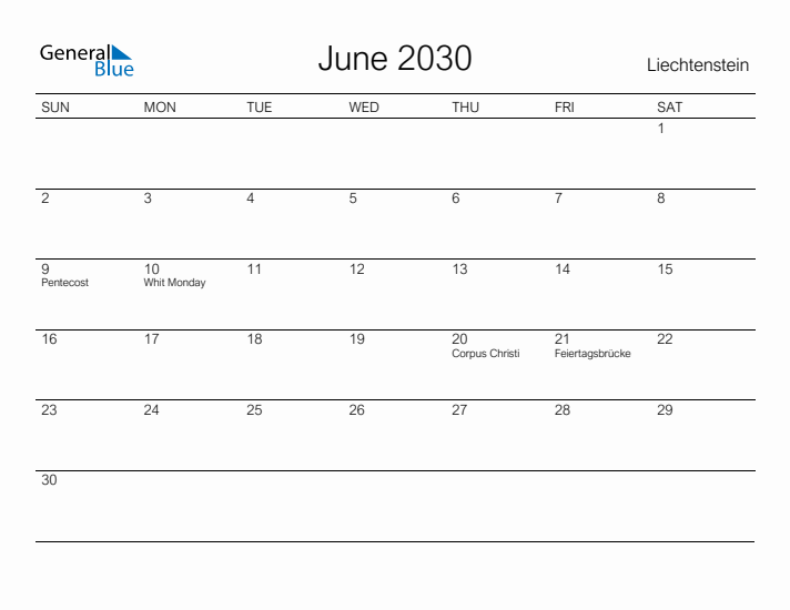 Printable June 2030 Calendar for Liechtenstein