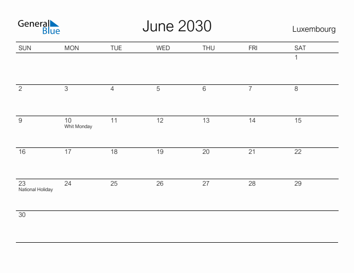 Printable June 2030 Calendar for Luxembourg