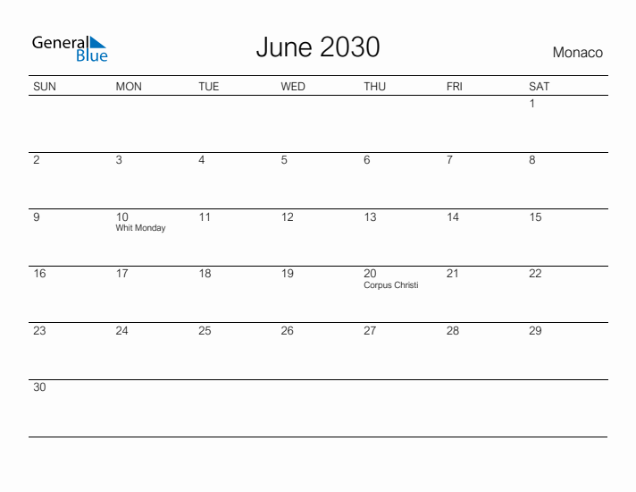 Printable June 2030 Calendar for Monaco