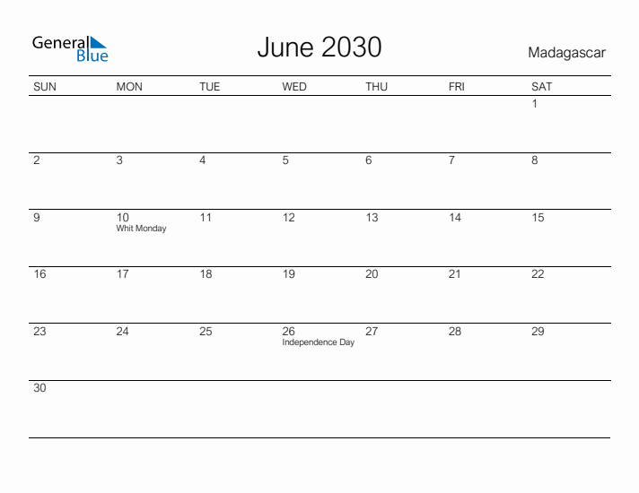 Printable June 2030 Calendar for Madagascar