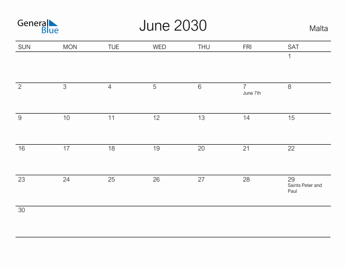 Printable June 2030 Calendar for Malta