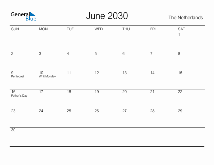 Printable June 2030 Calendar for The Netherlands