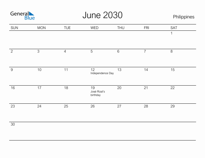 Printable June 2030 Calendar for Philippines
