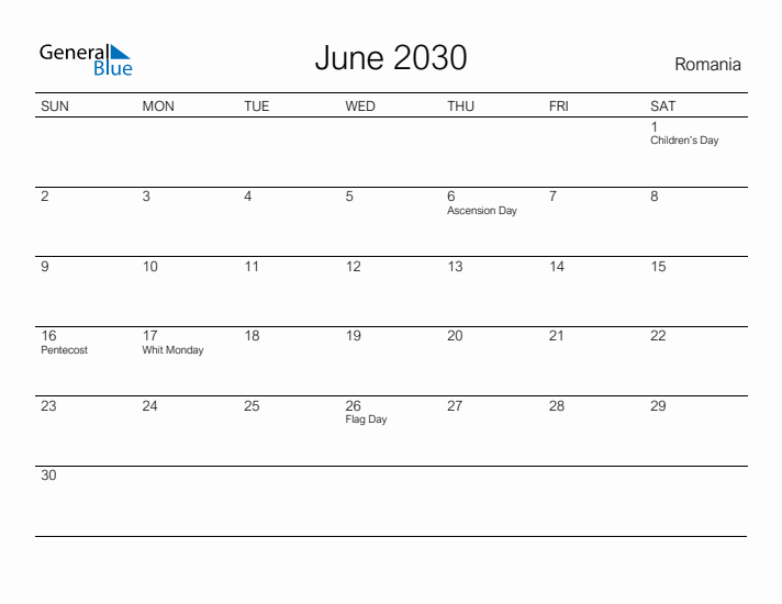 Printable June 2030 Calendar for Romania