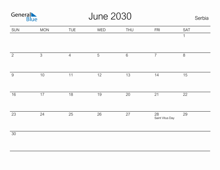 Printable June 2030 Calendar for Serbia