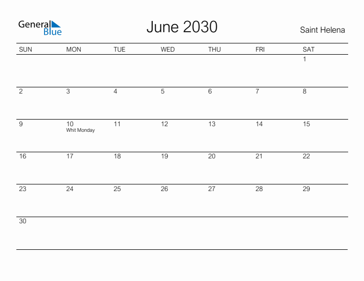 Printable June 2030 Calendar for Saint Helena