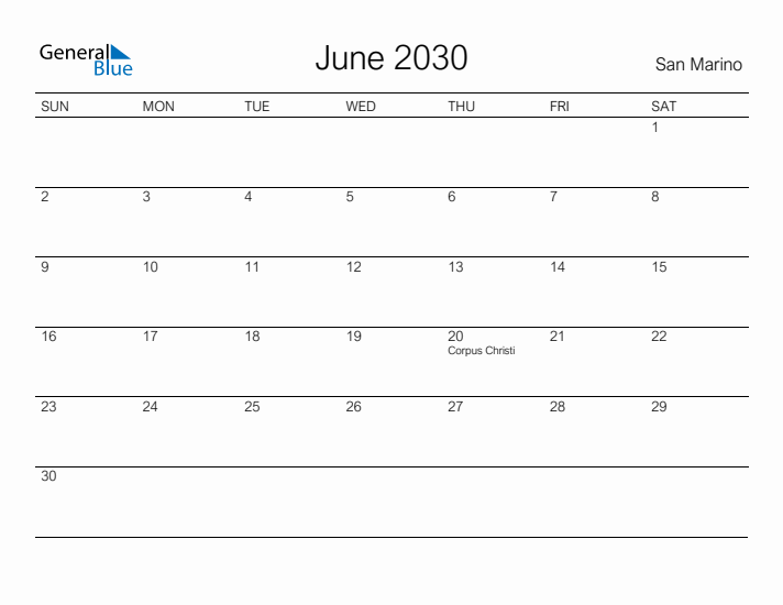 Printable June 2030 Calendar for San Marino