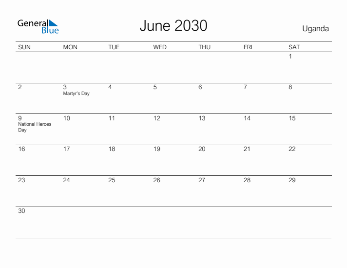 Printable June 2030 Calendar for Uganda
