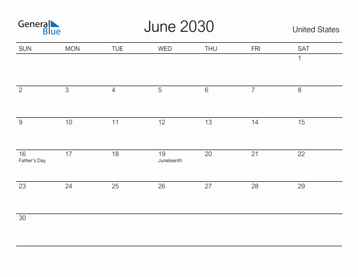 Printable June 2030 Calendar for United States