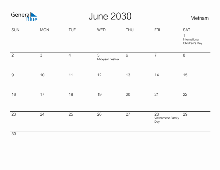 Printable June 2030 Calendar for Vietnam