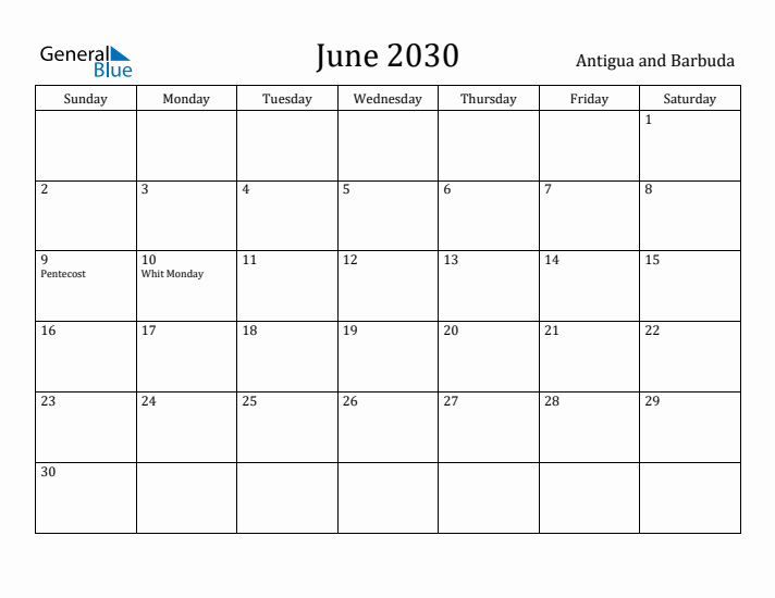 June 2030 Calendar Antigua and Barbuda