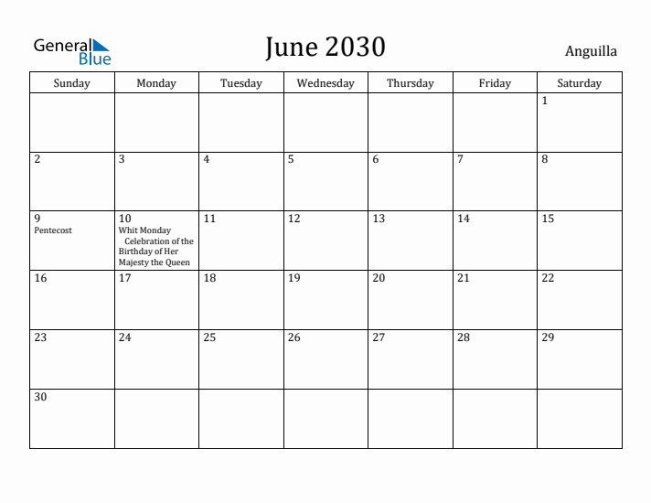 June 2030 Calendar Anguilla