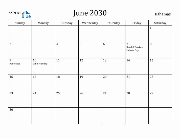June 2030 Calendar Bahamas