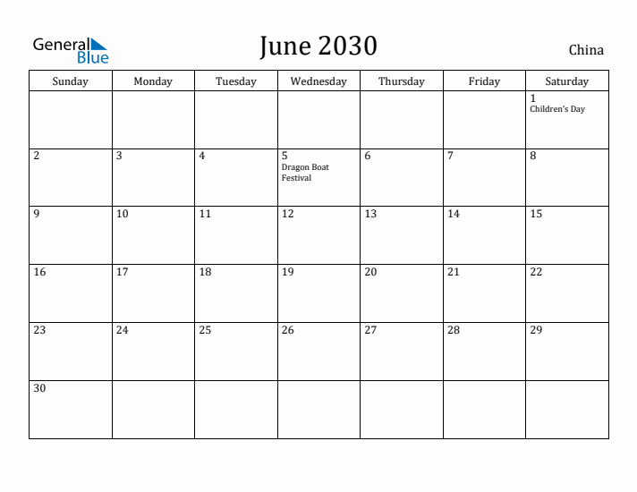 June 2030 Calendar China