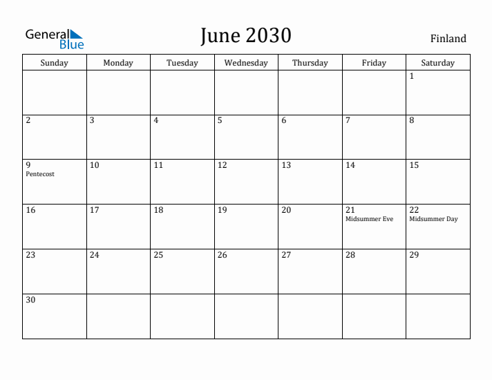June 2030 Calendar Finland