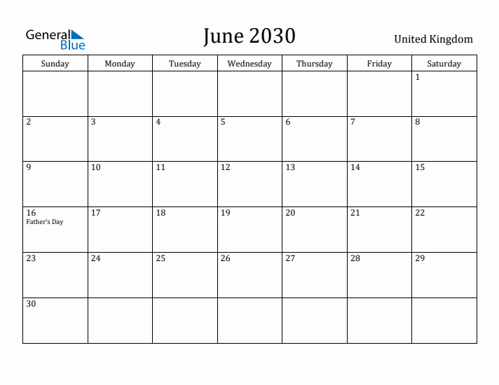 June 2030 Calendar United Kingdom