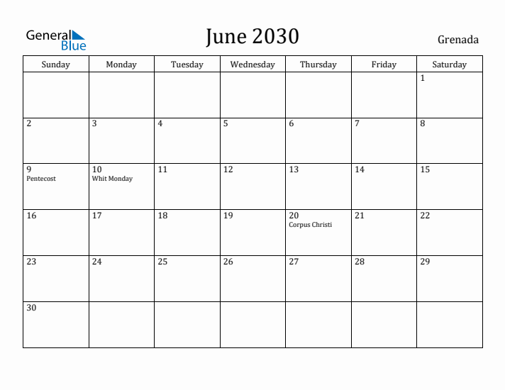 June 2030 Calendar Grenada